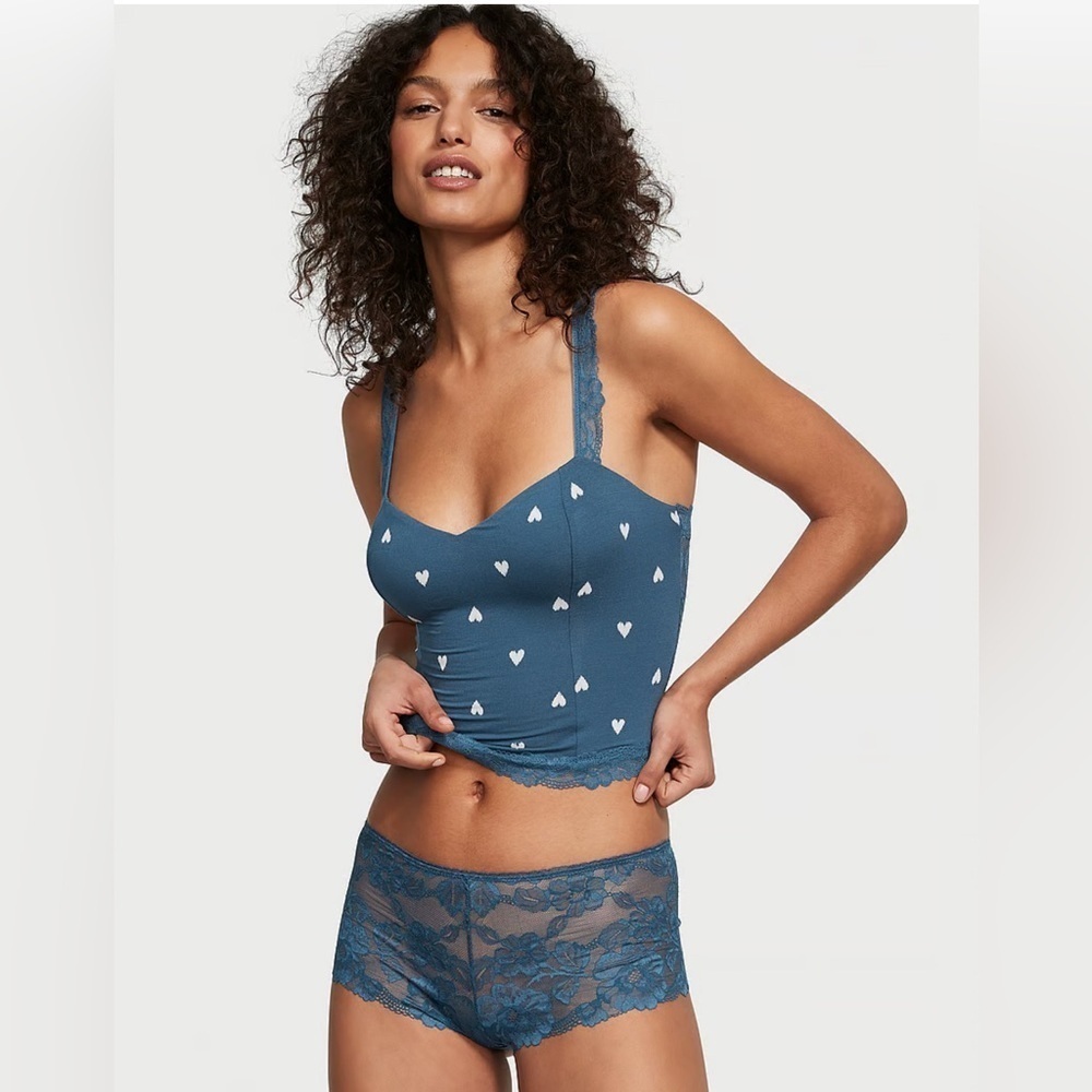 Victoria’s Secret Size XL Blue Heart Print Cami & Lace Shortie Set 2 Pc NEW